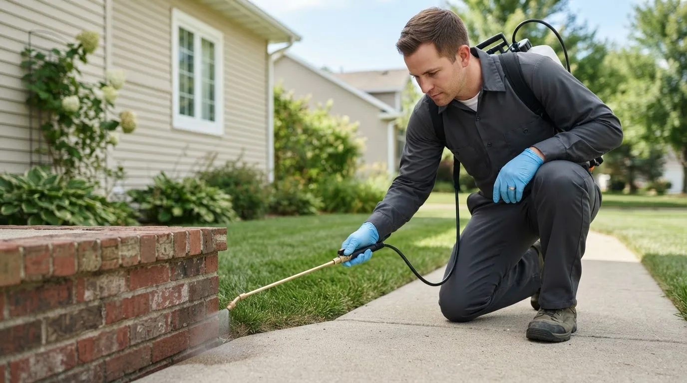Pest control technician treating a home near Detroit, MI